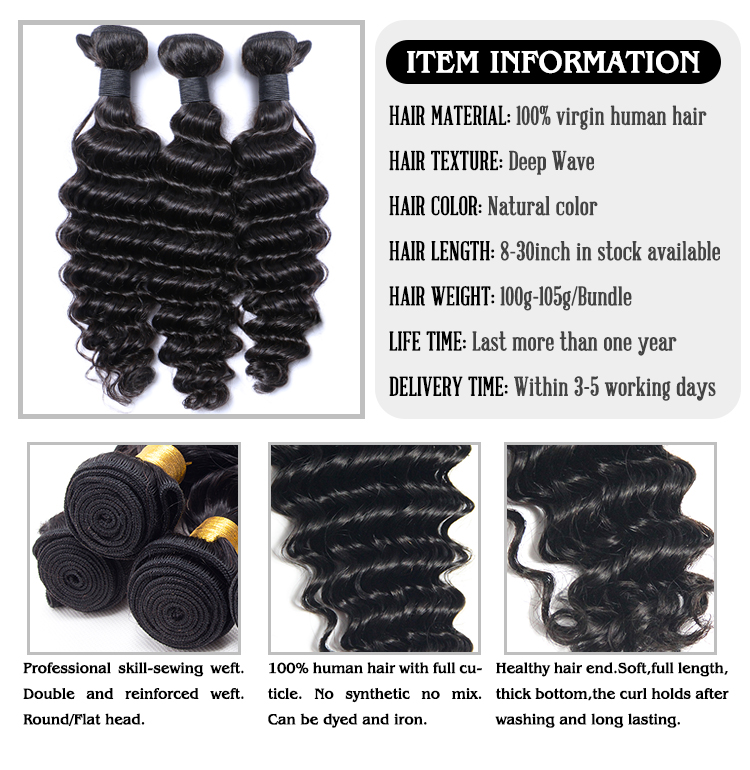 Human hair bundles vendor, wholesale unprocessed brazilian hair bundles with closure, deep wave hair bundles