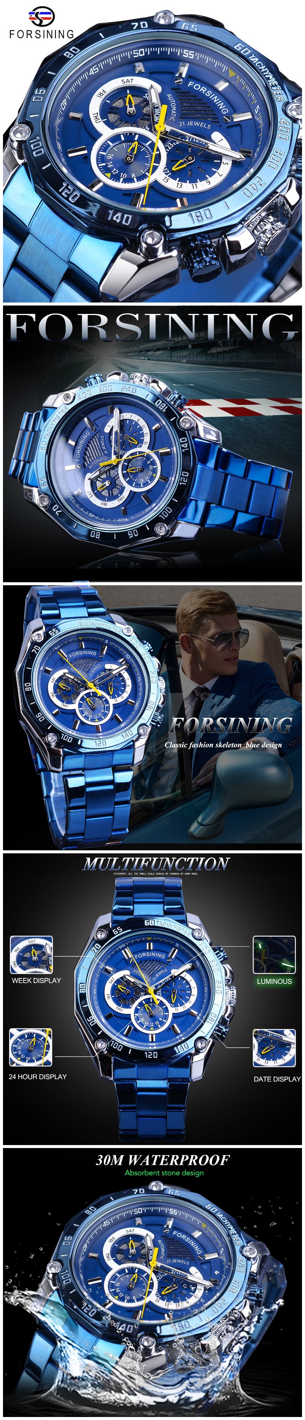 Forsining Stainless Steel Popular Sport Mens Automatic Mechanical Male Wrist Watches Week Date Display Luminous Design Watches