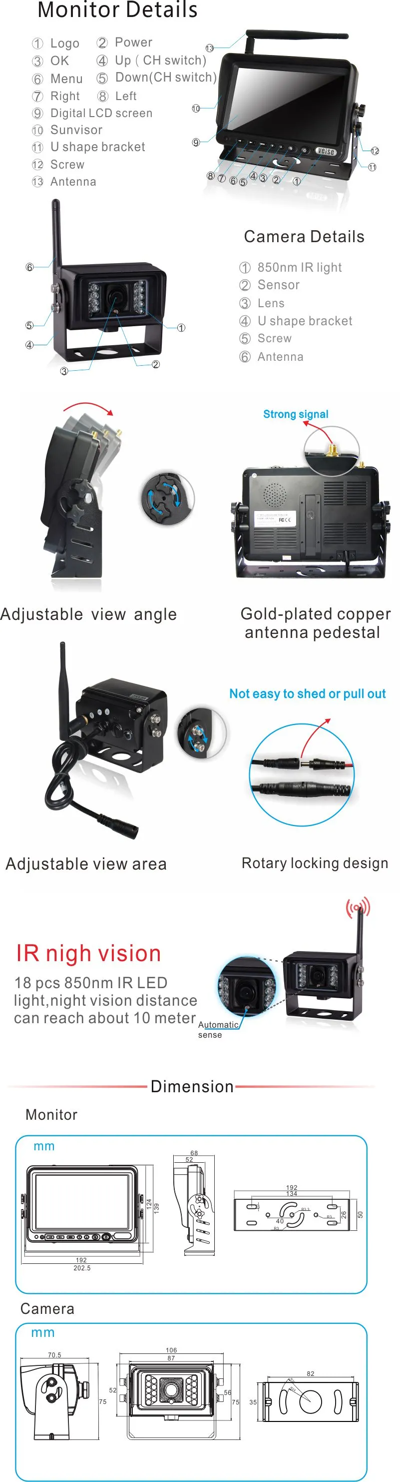 1/3 CCD Wireless Camera System with HD LCD Display for Tractor (DF-723H2362)