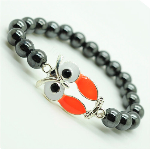 Pulsera Hematite 8MM Round Beads Stretch Gemstone con aleación Owl Piece