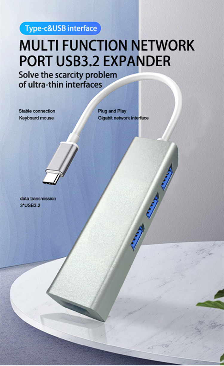 TypeC Hub to USB3.2 with RJ45 Gigabit Ethernet