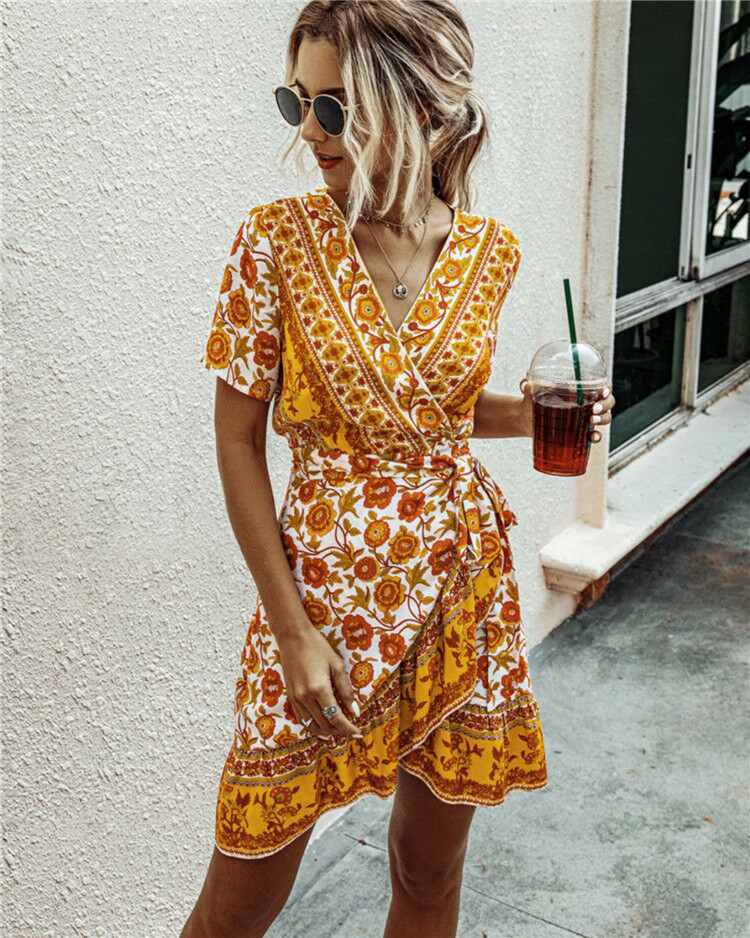 C6112 Flouncing Ladies Dress Floral Beach Dresses Women Summer Summer 2020 Women Clothing