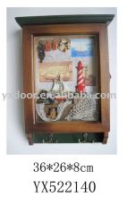 wooden key box/antique nautical yellow wood key cabinet with hanger/home decoration