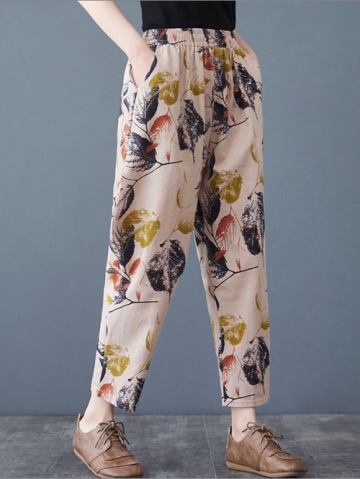 Women vintage cotton linen printed pants casual pants