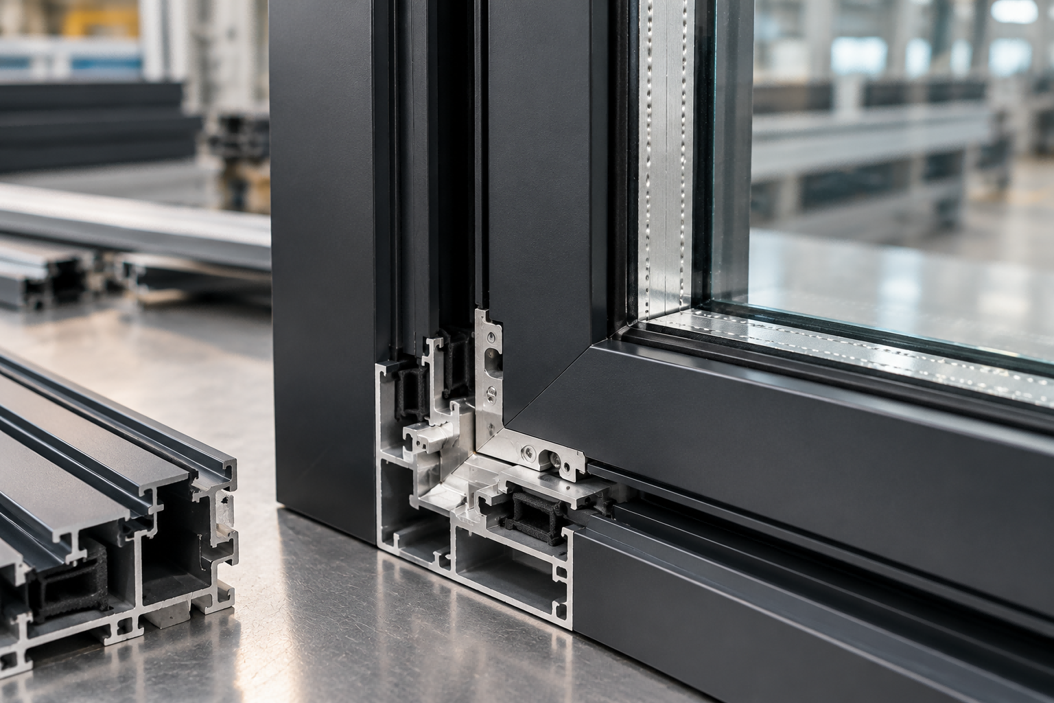 Close-up inspection of aluminum window frame corner joints during manufacturing