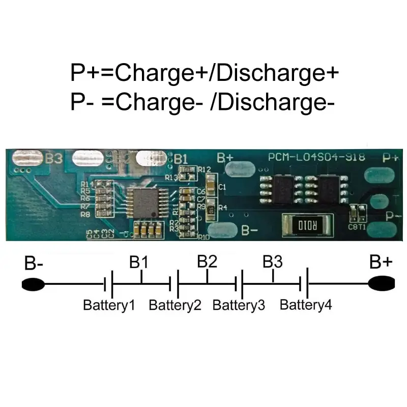 4s 4A PCM BMS for 14.4V 14.8V Li-ion/Lithium/ Li-Polymer 12V 12.8V LiFePO4 Battery Pack Size L68*W16*T4mm (PCM-L04S04-918)