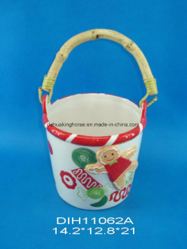 Hand-Painted Ceramic Basket with Bamboo Handle