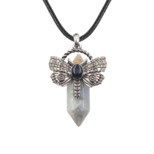 Labradorite Hexagonal Pillar Silver Dragonfly Pendant Necklace 45cm Black Cord
