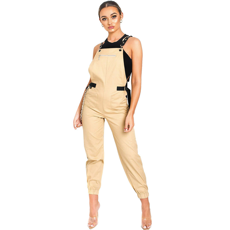 High quality women skinny cargo dungarees solid beige for causal wear