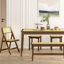 Rectangular Bamboo Dining Table with Brown Finish and Rattan Accent for Home Furniture