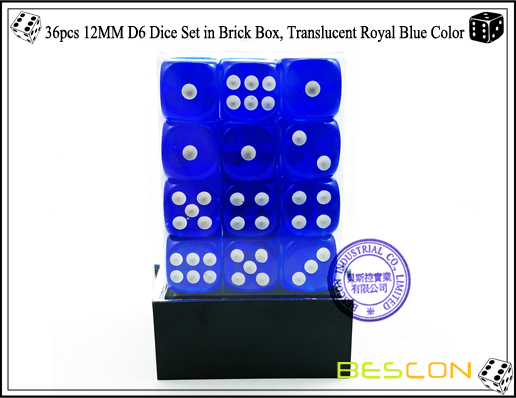 36pcs 12MM D6 Dice Set dans Brick Box, Translucent Royal Blue Color-2 36pcs 12MM D6 Dice Set in Brick Box, Translucent Royal Blue Color-2