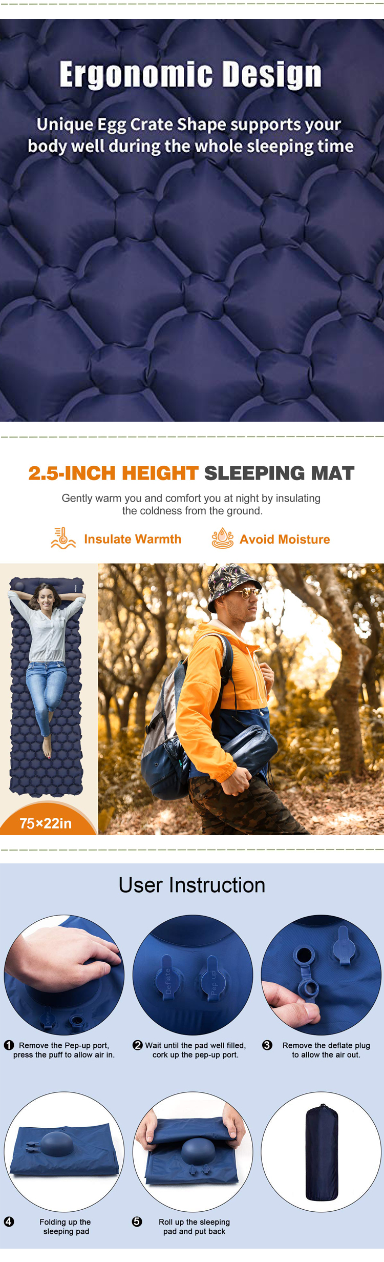 Hand Pump Foldable Inflatable Mattress Camping Mat Sleeping Pad with Pillow