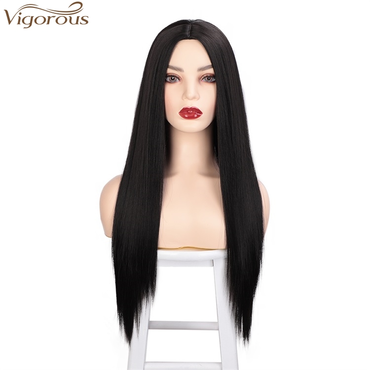 Vigorous Long Silky Natural Black Straight Synthetic Wigs Middle Part Wigs For Women Daily Use Wigs Wholesale Price
