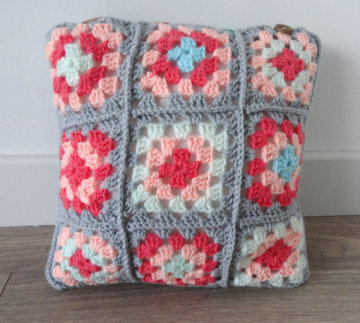 Granny Square Crochet Cushion  vintage buttons