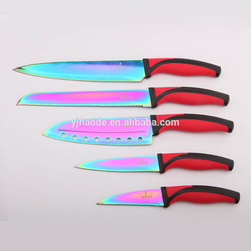 Food grade 5pcs titanium plating kitchen knife with soft handle knife set