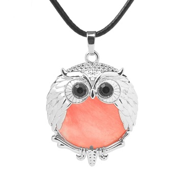 Cherry Quartz 24mm Beads Silver Owl Pendant Necklace 45cm Black Cord