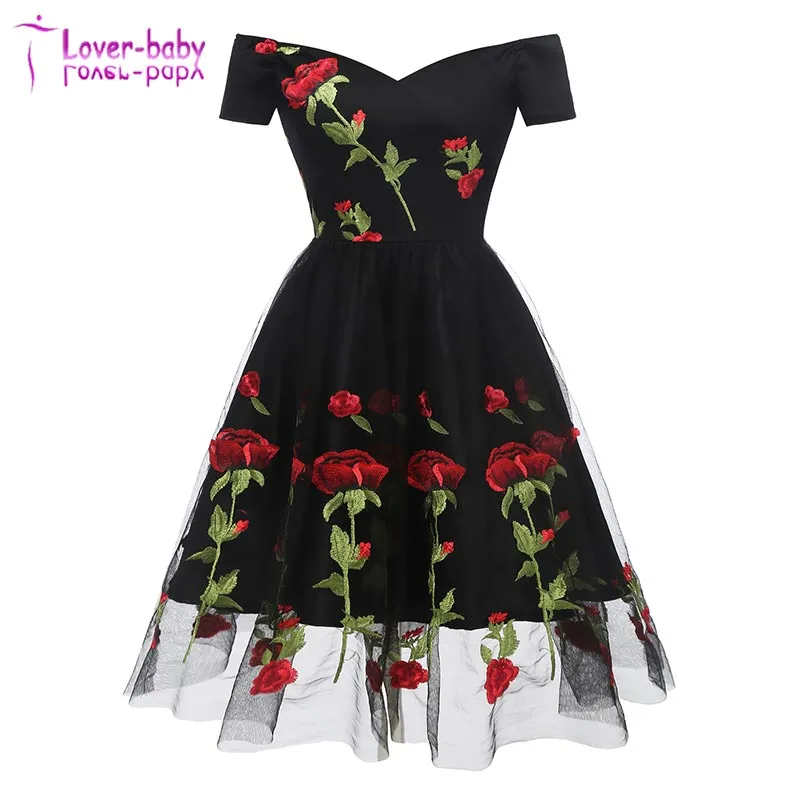 Romantic Rose Flower Lace Black Party Dresses