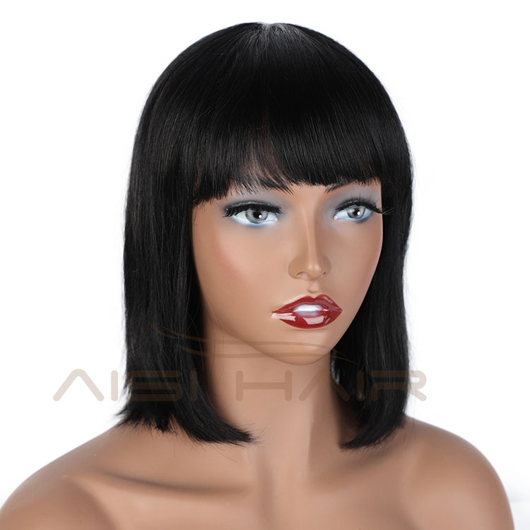 Aisi Hair For Black Women Silky Straight Wig With Bangs 100% Natural Black Short Bob 14 Inch Wig Human Hair Brazilian