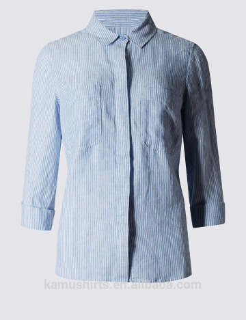 Women Linen Blue Stripes Dress Shirts