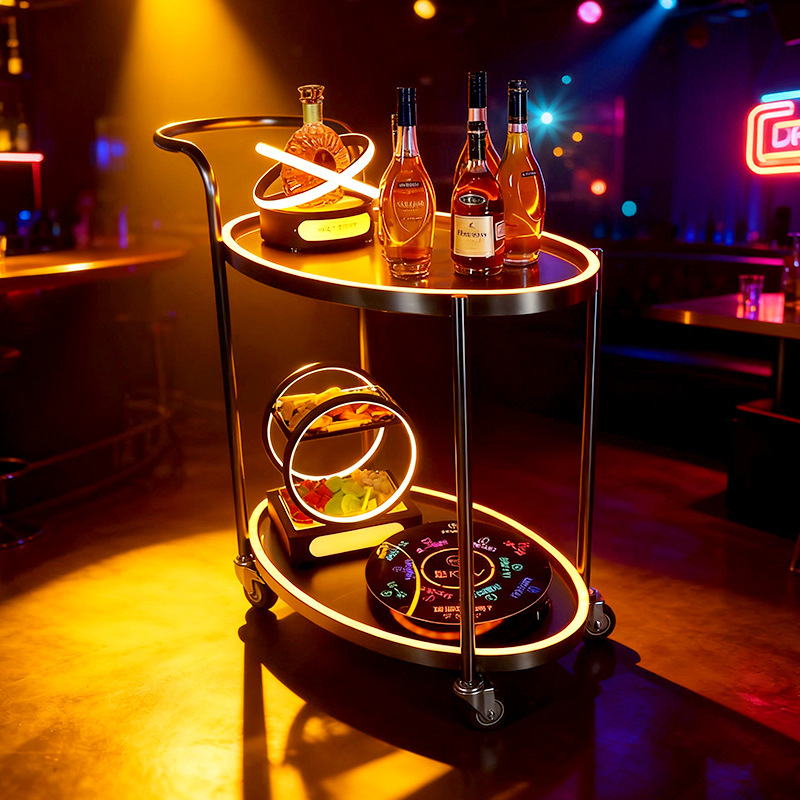 Luxury Bar Cart with LED Lighting Two-Tier Stainless Steel Mobile Food Cart