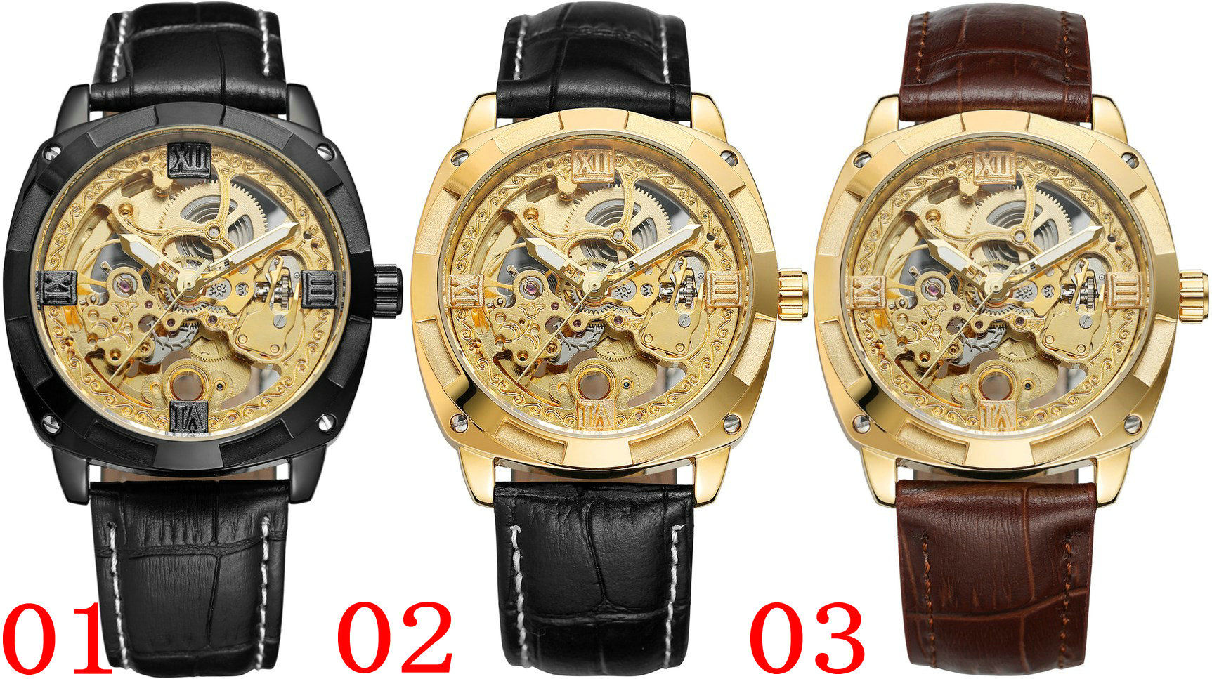 FORSINING 207-1 Men Automatic Mechanical Watch Leather Strap Wristwatch High Quality Skeleton Watches