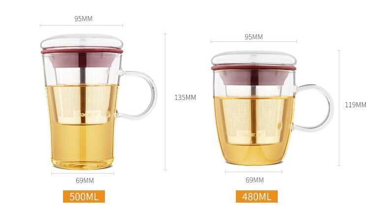 ライラック無料サンプル480ml / 500mlメーカー卸売業者カスタムカップ緑茶高級透明ガラスマグカップ蓋と注入器付き