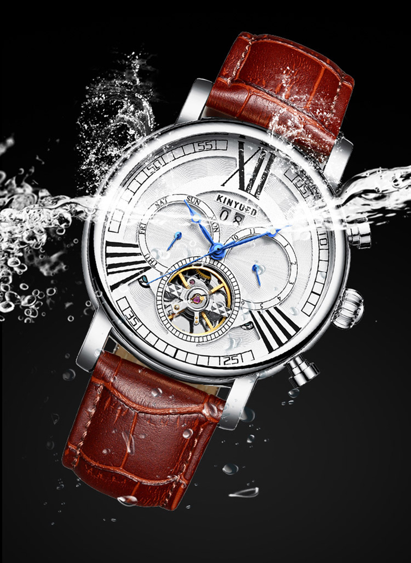 Kinyued J023 Fashion Leather Automatic Man Watches Tourbillon Calendar Chronograph Mechanical Watch