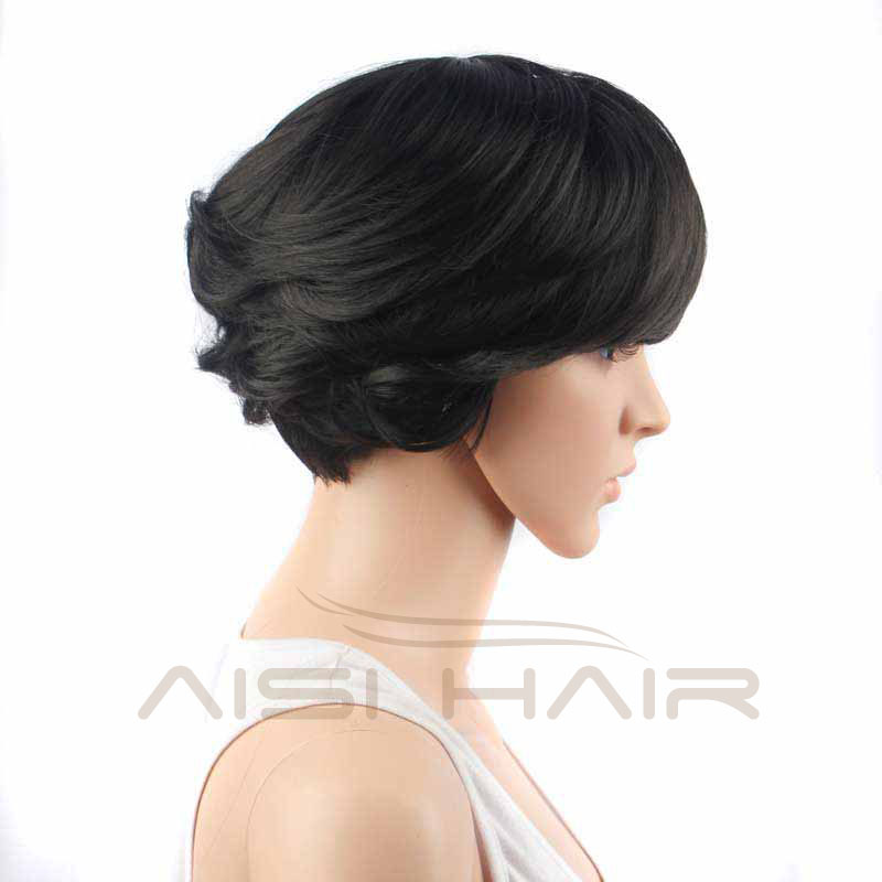 Factory Wholesale Price Short Black Wave Hair , Wigs With Side Bangs , Synthetic Pixie Cut Wigs For Black Women