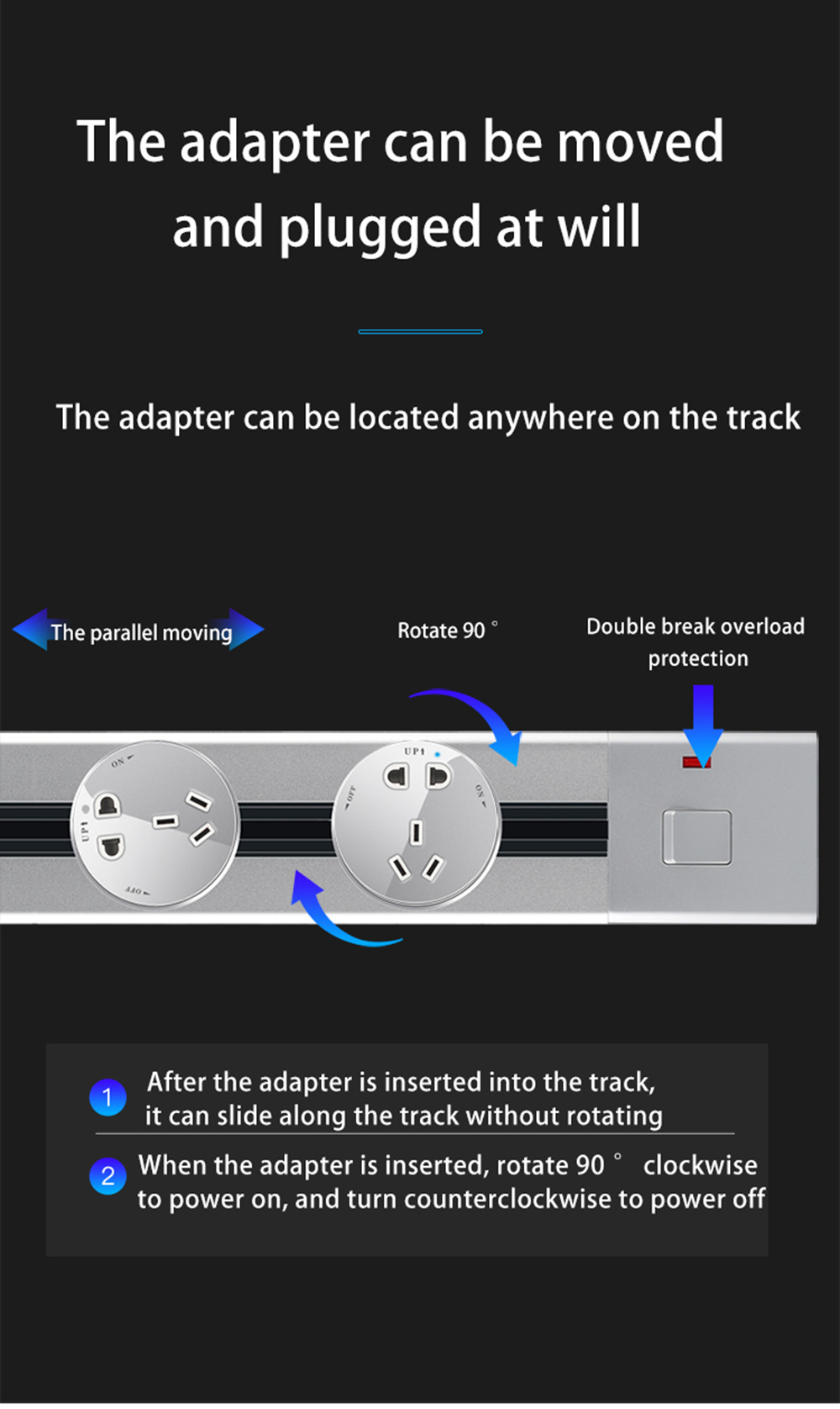 movable kitchen electrical black LED  recessed and surface track Socket with 3 gang power socket /60CM power track socket