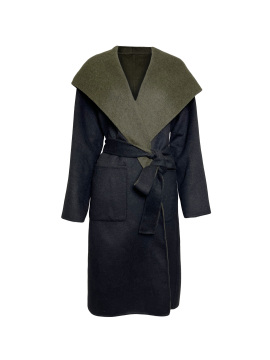 Dark Black Large Notch Lapel Belted Wool Coat