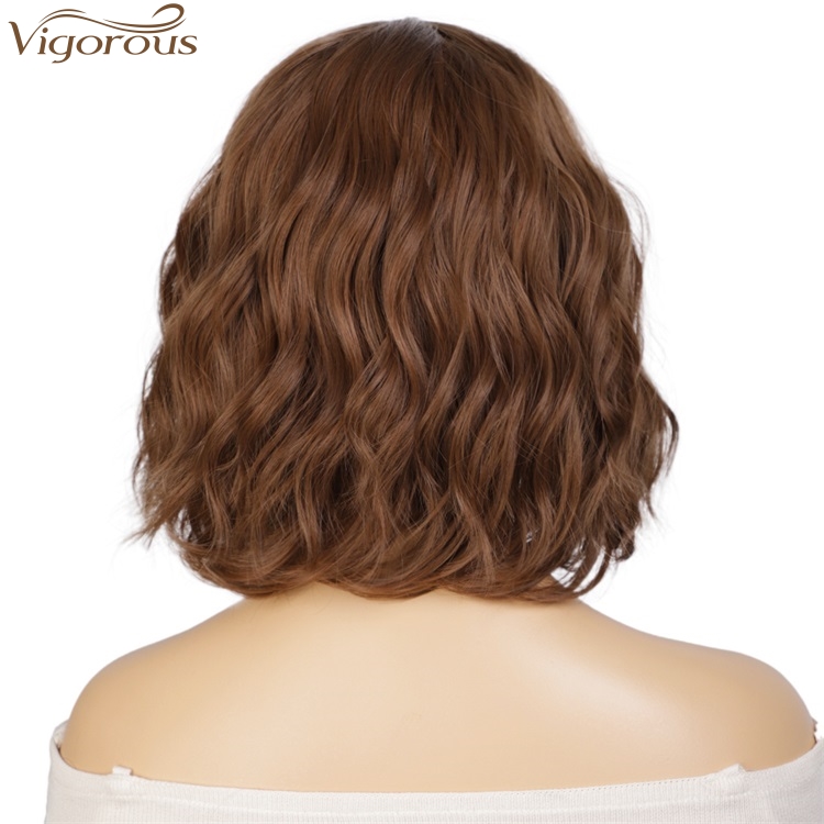 Vigorous Fashion Girl Natural Short Bob Brown Wig With Neat Bangs Synthetic Short Curl Wave Wigs Heat Resistant