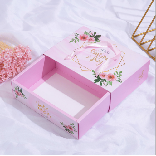 Pink Foldable Drawer Gift Box with Ribbon Handle