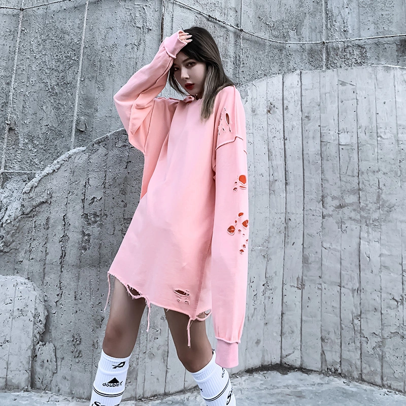 Trendy Hole Loose Couple All-Match Solid Color Hoodie
