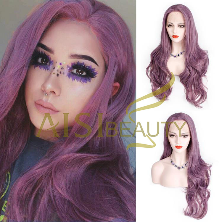 Aisi Beauty Wholesale Cheap Vendor Purple Curly Wave Wig Long Wavy Lace Frontal Synthetic Hair For Black Women Lace Front Wig