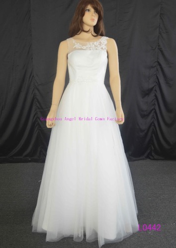 Charming back see through waistband wedding gown with layered net fabric trail