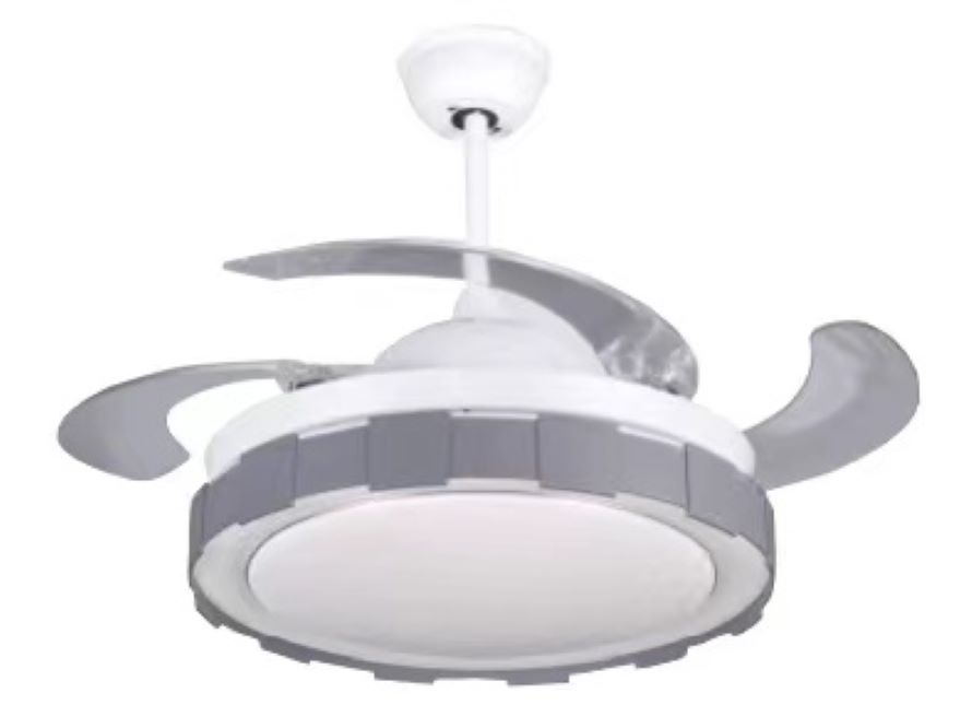 White Modern Retractable Fan Lamp with Grey Lampshade