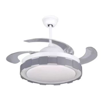White Modern Retractable Ceiling Fan with Grey Lampshade