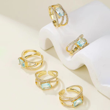 14K Gold Plated Blue Hollow Zircon Finger Ring for Women