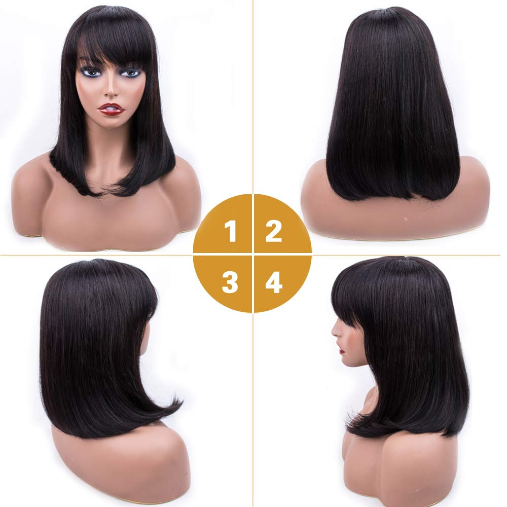 8 10 12 14 Short Human Hair Lace Closure Wigs With Bangs, Brazilian Straight Hair Bob Lace Wig With Front Fringe Bangs