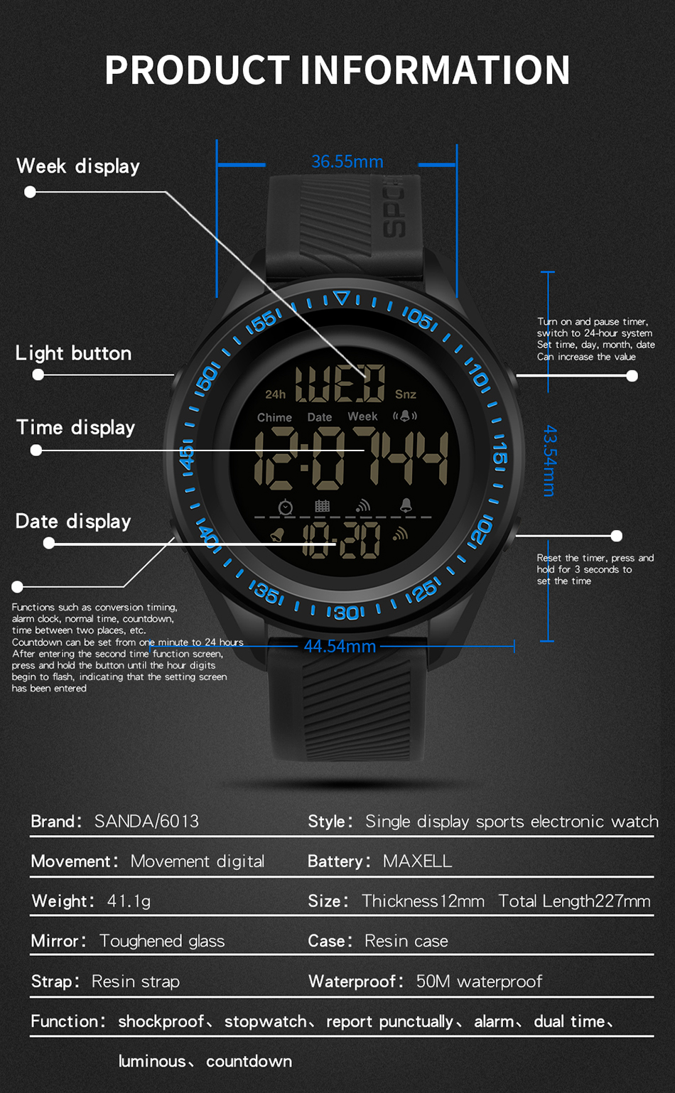 SANDA 6013 Digital Watches Men Luxury Brand LED Display Wristwatch Sports Military Waterproof Watch Clock Relogio Masculino