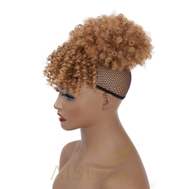 Aisi Beauty Popular New Design Wholesale Afro Fluffy Puff Brown Hairpiece Extension With Bangs Curly Afro Kinky Afro Hair Bun