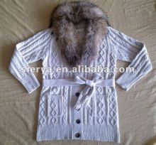 new design lady chunky cardigan sweater with fur around neck