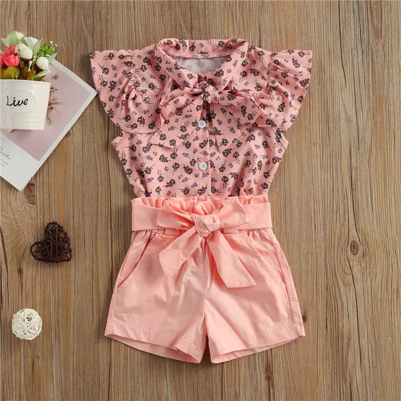 2021 Children's Printed Shirt Top Bow Shorts Set