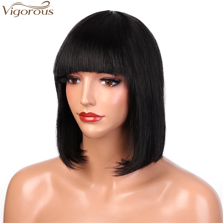 Vigorous High Quality Short Bob With Flat Bangs Wigs12 Inches Straight Black Human hair Wigs for White Women Wholesale Price