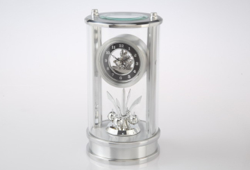 Mini skeleton table clock with rotating pendulum