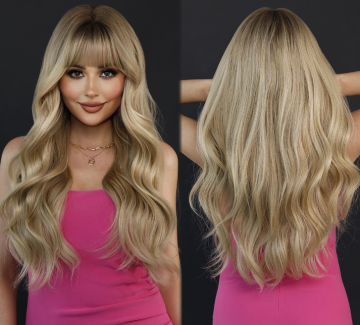 Long Wavy Wigs with Bangs Ombre Dark Blonde