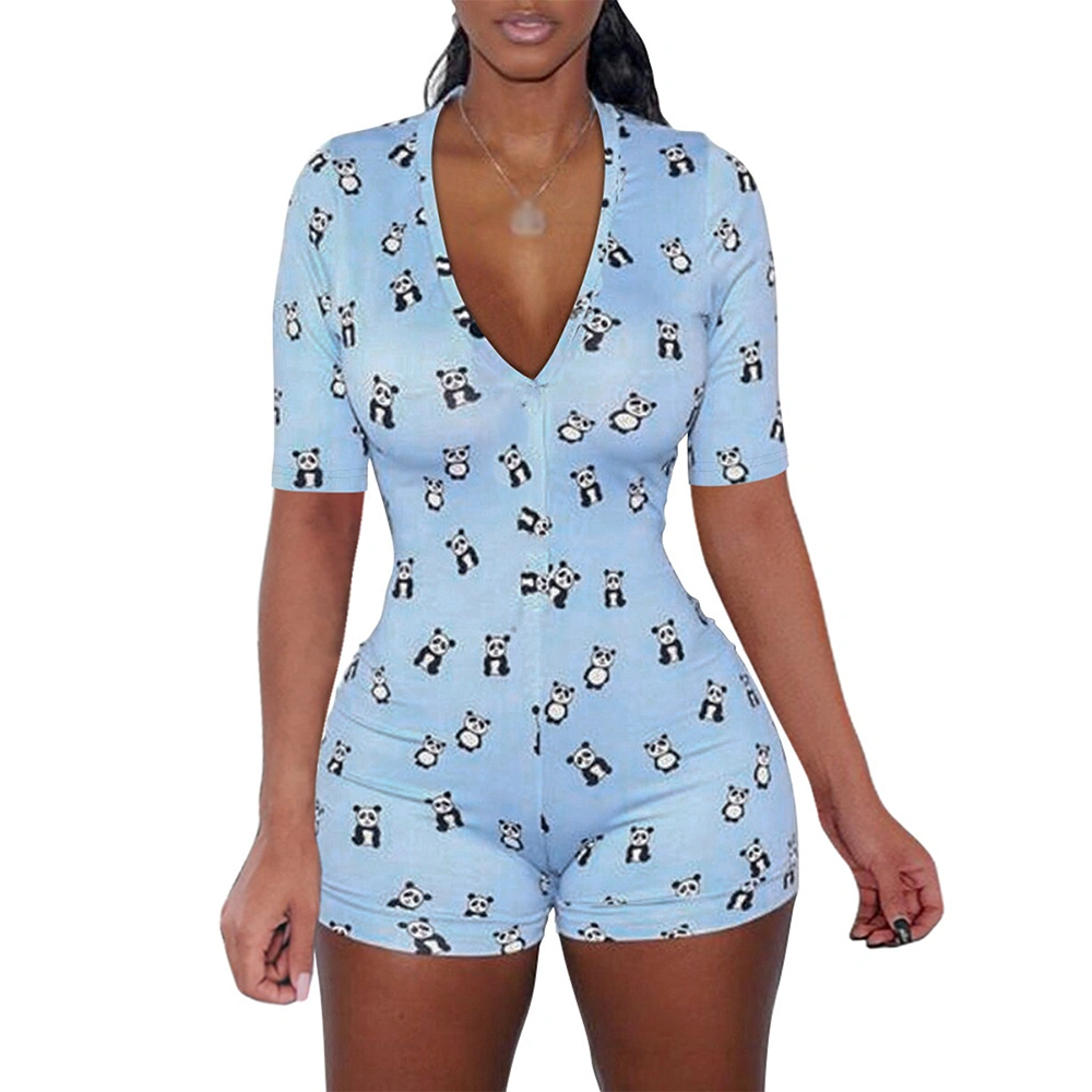 Wholesale Deep V-Neck Panda Print Short Sleeve Button Tight Jumpsuit Woman