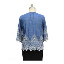 Women's Tencel Denim Bordering Embroidery Blouse