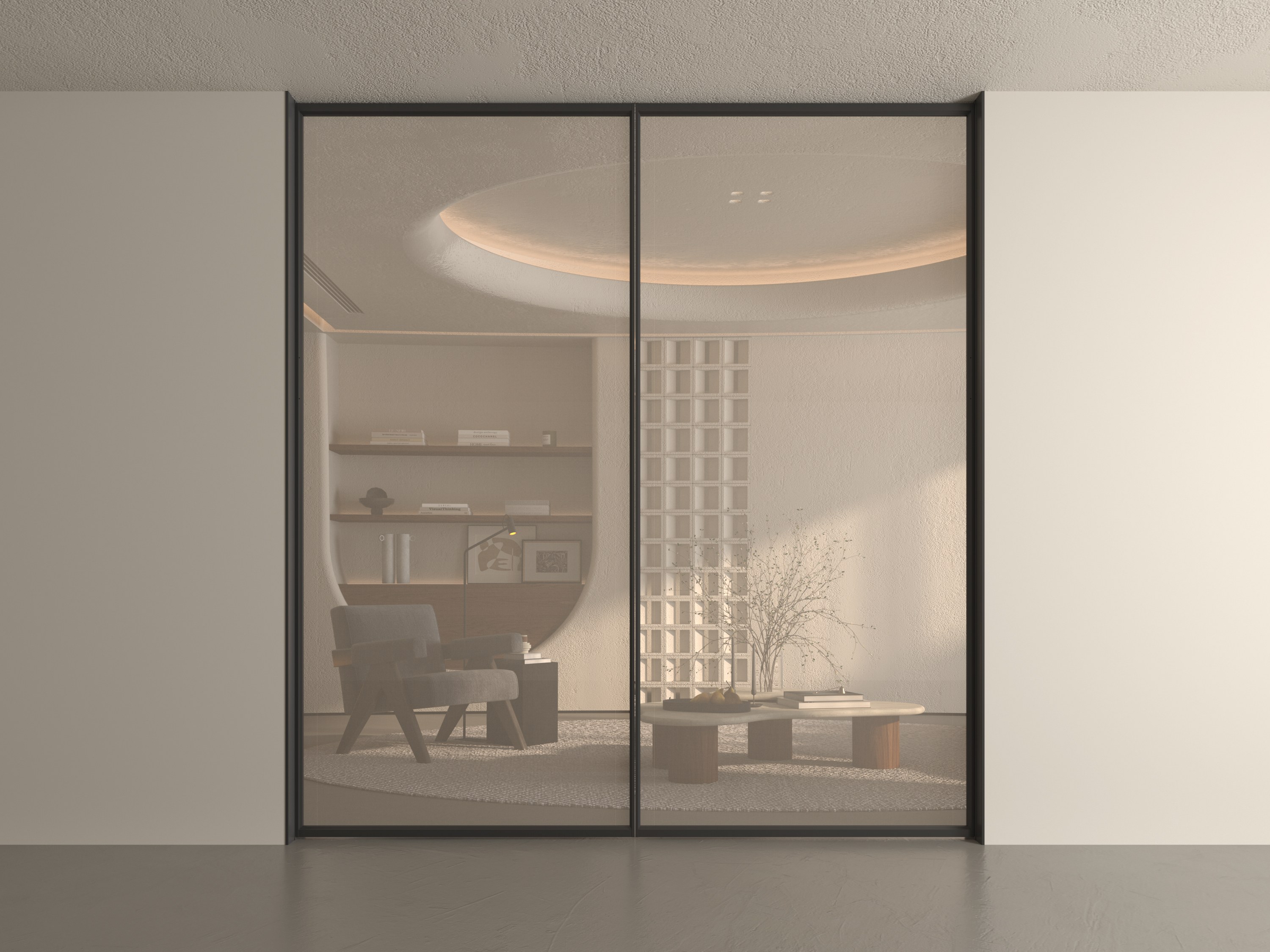 Vista aberta da porta pivotante deslocada com painel grande