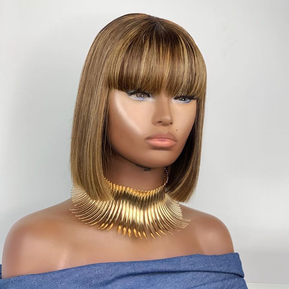 13x4 Highlight Bob Wig With Bangs Honey 150% Blonde Brazilian Straight Lace Front Human Hair Wig